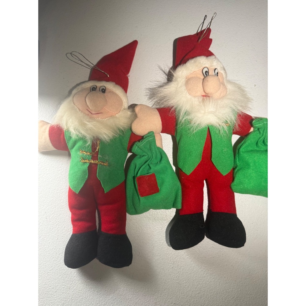 Vintage Plush Santa Elf Christmas Ornaments Set of 2 Red Green 12 Inch Holiday
